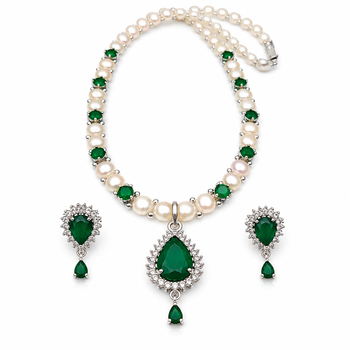 Pearl & emerald green cz necklace & earrings jewellery set teardrop pendant, freshwater pearls, ethnic wear. 3
