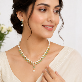Pearl & green stone necklace & earrings jewellery set gold-tone setting, drop pearl pendant, cz embellishments. 1