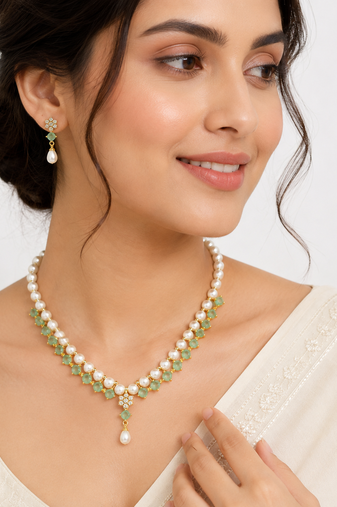 Pearl & green stone necklace & earrings jewellery set gold-tone setting, drop pearl pendant, cz embellishments.