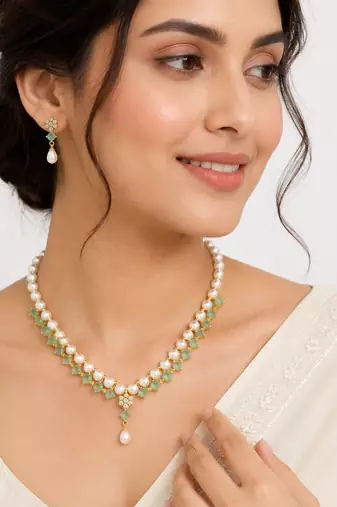 Pearl & green stone necklace & earrings jewellery set gold-tone setting, drop pearl pendant, cz embellishments.