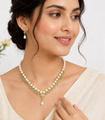 Pearl & green stone necklace & earrings jewellery set gold-tone setting, drop pearl pendant, cz embellishments.