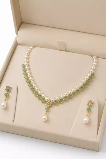 Pearl & green stone necklace & earrings jewellery set gold-tone setting, drop pearl pendant, cz embellishments.