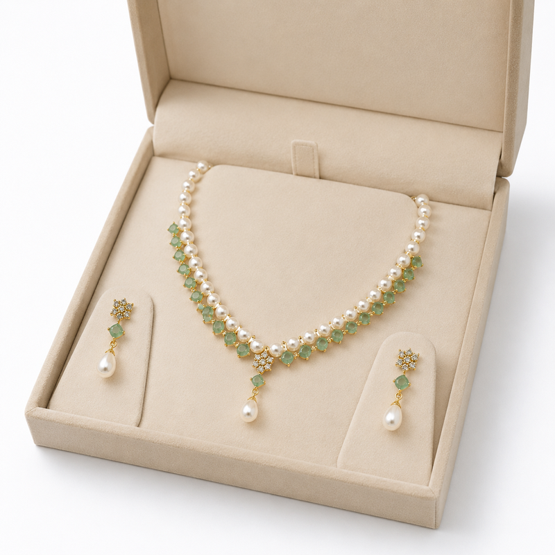 Pearl & green stone necklace & earrings jewellery set gold-tone setting, drop pearl pendant, cz embellishments.