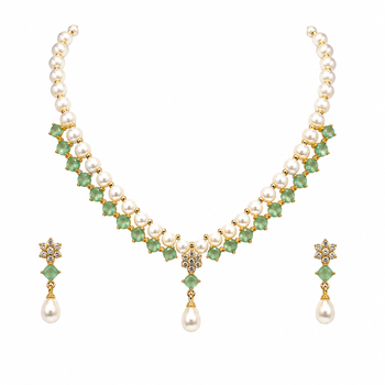 Pearl & green stone necklace & earrings jewellery set gold-tone setting, drop pearl pendant, cz embellishments. 3