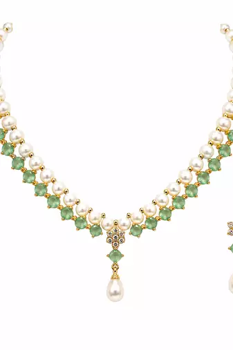 Pearl & green stone necklace & earrings jewellery set gold-tone setting, drop pearl pendant, cz embellishments.