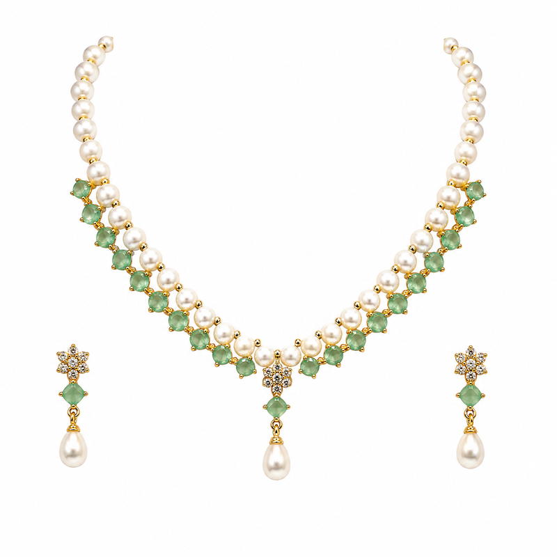 Pearl & green stone necklace & earrings jewellery set gold-tone setting, drop pearl pendant, cz embellishments.