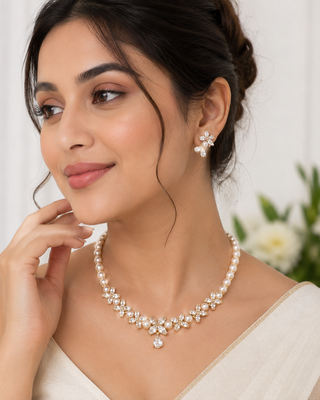 Pearl & cz floral necklace & earrings jewellery set gold-tone finish,cubic zirconia stones,bridal wear,teardrop pendant. 1