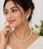 Pearl & cz floral necklace & earrings jewellery set gold-tone finish,cubic zirconia stones,bridal wear,teardrop pendant.