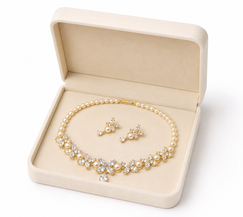 Pearl & cz floral necklace & earrings jewellery set gold-tone finish,cubic zirconia stones,bridal wear,teardrop pendant. 2