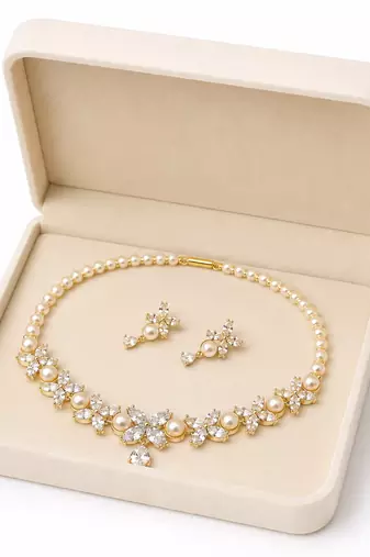 Pearl & cz floral necklace & earrings jewellery set gold-tone finish,cubic zirconia stones,bridal wear,teardrop pendant.