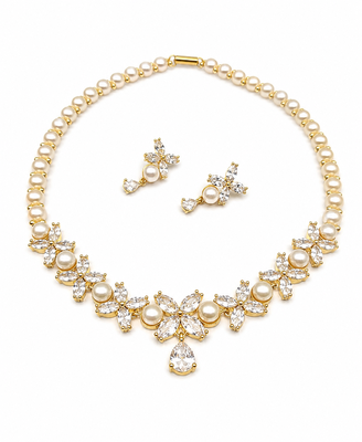 Pearl & cz floral necklace & earrings jewellery set gold-tone finish,cubic zirconia stones,bridal wear,teardrop pendant. 3