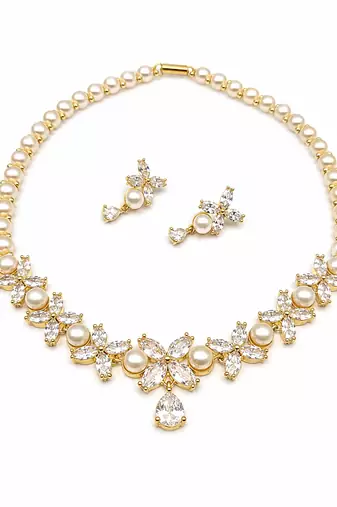 Pearl & cz floral necklace & earrings jewellery set gold-tone finish,cubic zirconia stones,bridal wear,teardrop pendant.