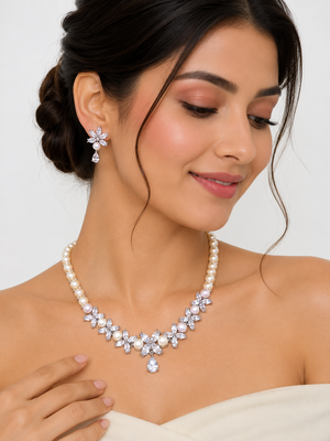 Pearl & cz floral necklace & earrings set cubic zirconia accents, teardrop pendant, bridal wear, silver-tone finish. 1