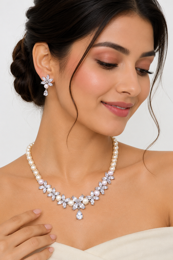 Pearl & cz floral necklace & earrings set cubic zirconia accents, teardrop pendant, bridal wear, silver-tone finish.