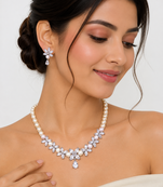 Pearl & cz floral necklace & earrings set cubic zirconia accents, teardrop pendant, bridal wear, silver-tone finish.