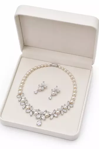 Pearl & cz floral necklace & earrings set cubic zirconia accents, teardrop pendant, bridal wear, silver-tone finish.