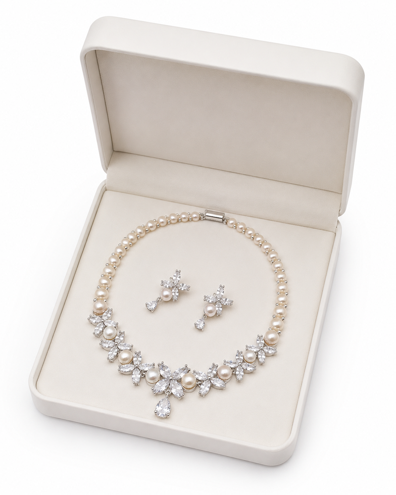 Pearl & cz floral necklace & earrings set cubic zirconia accents, teardrop pendant, bridal wear, silver-tone finish.