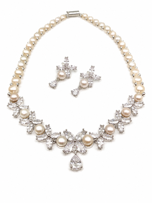 Pearl & cz floral necklace & earrings set cubic zirconia accents, teardrop pendant, bridal wear, silver-tone finish. 3
