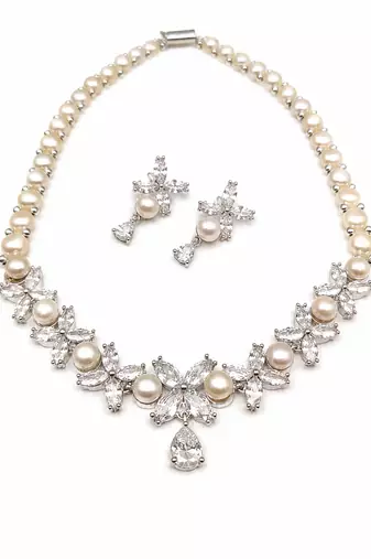 Pearl & cz floral necklace & earrings set cubic zirconia accents, teardrop pendant, bridal wear, silver-tone finish.