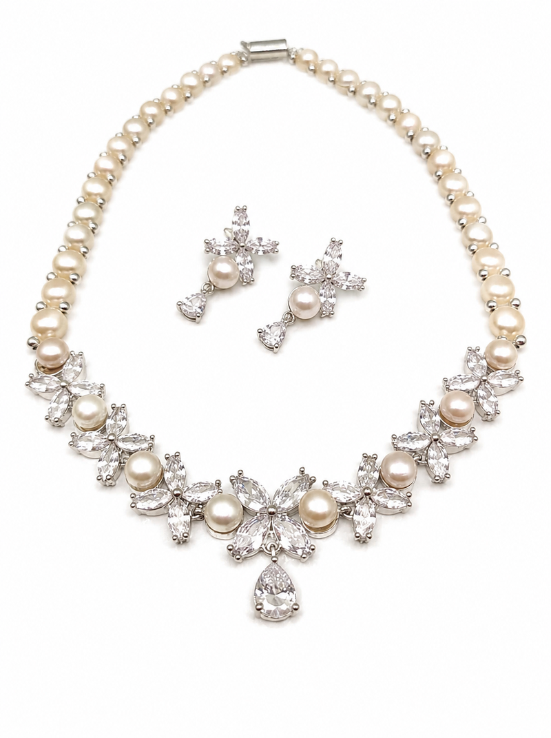 Pearl & cz floral necklace & earrings set cubic zirconia accents, teardrop pendant, bridal wear, silver-tone finish.