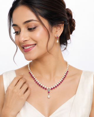 Pearl & ruby necklace set & drop earrings, ruby gemstone accents, teardrop pearl pendant, floral diamond studs. 1