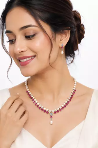 Pearl & ruby necklace set & drop earrings, ruby gemstone accents, teardrop pearl pendant, floral diamond studs.