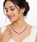 Pearl & ruby necklace set & drop earrings, ruby gemstone accents, teardrop pearl pendant, floral diamond studs.