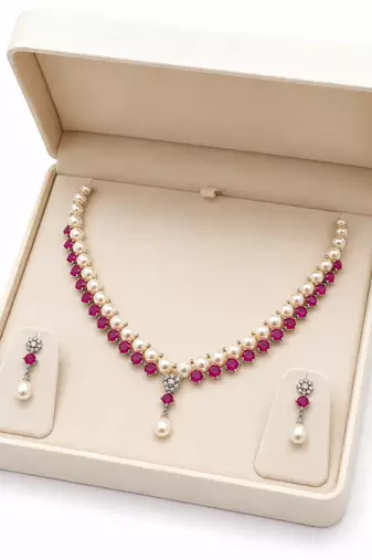 Pearl & ruby necklace set & drop earrings, ruby gemstone accents, teardrop pearl pendant, floral diamond studs.