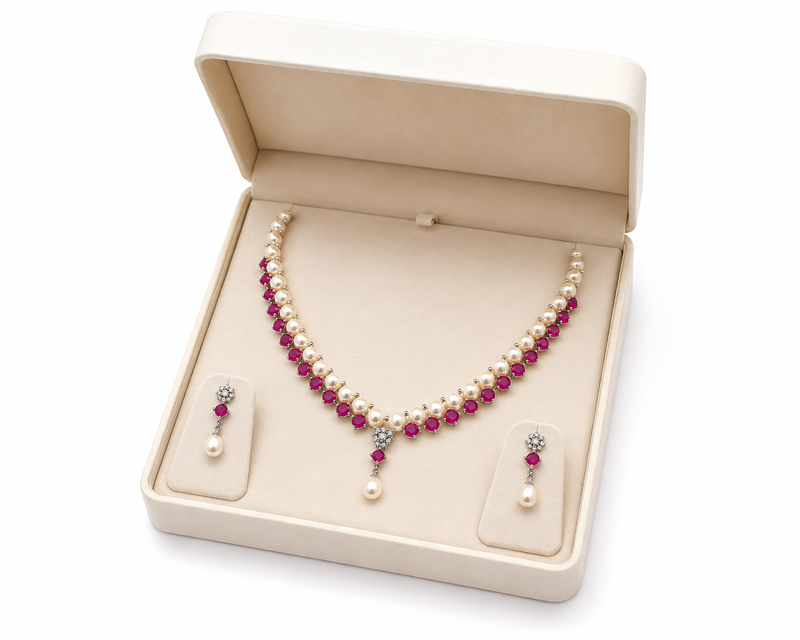Pearl & ruby necklace set & drop earrings, ruby gemstone accents, teardrop pearl pendant, floral diamond studs.