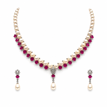 Pearl & ruby necklace set & drop earrings, ruby gemstone accents, teardrop pearl pendant, floral diamond studs. 3
