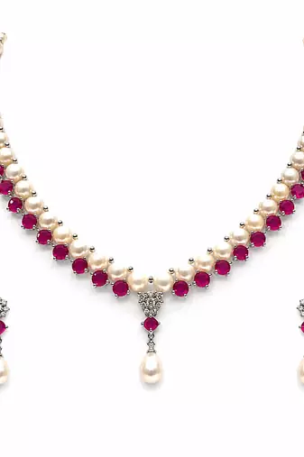 Pearl & ruby necklace set & drop earrings, ruby gemstone accents, teardrop pearl pendant, floral diamond studs.