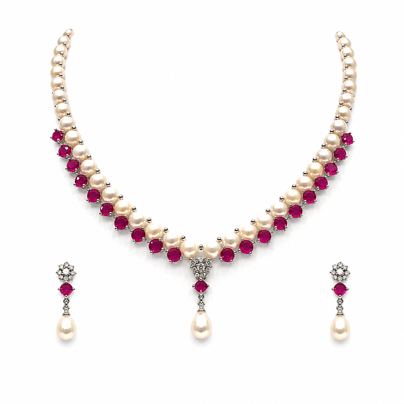 Pearl & ruby necklace set & drop earrings, ruby gemstone accents, teardrop pearl pendant, floral diamond studs.