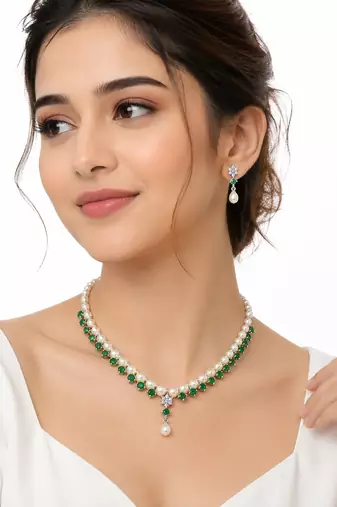 Pearl & emerald green cz necklace & earrings jewellery set drop pendant necklace, cz floral accent, bridal wear.