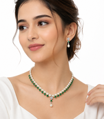 Pearl & emerald green cz necklace & earrings jewellery set drop pendant necklace, cz floral accent, bridal wear.