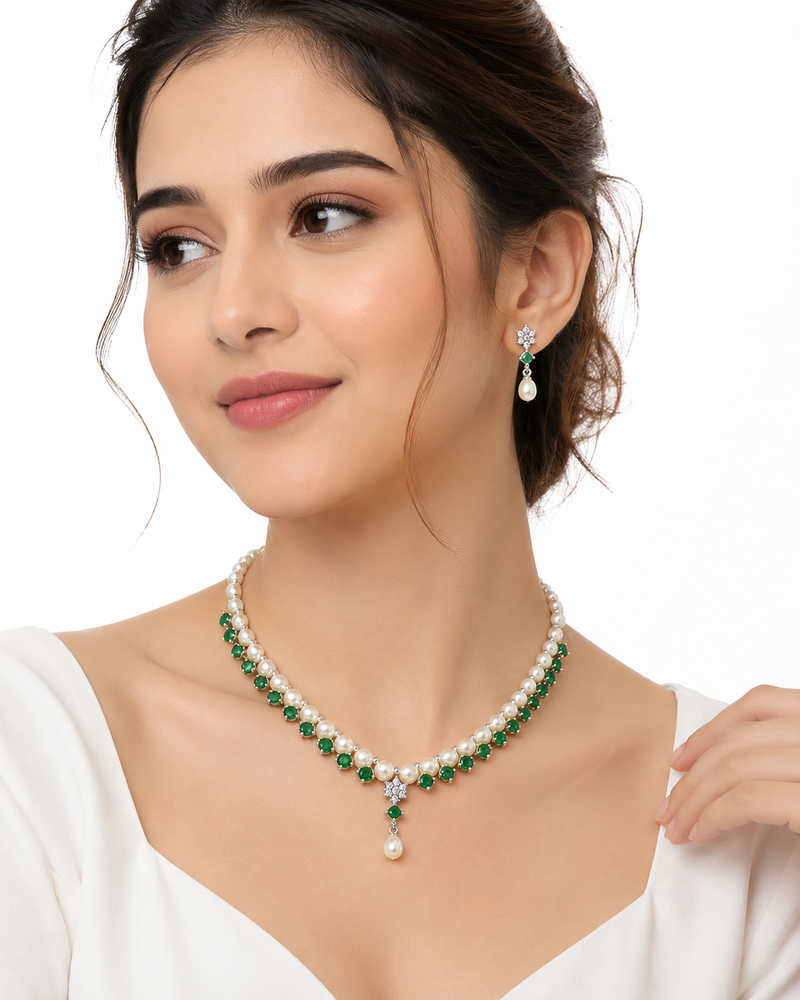 Pearl & emerald green cz necklace & earrings jewellery set drop pendant necklace, cz floral accent, bridal wear.