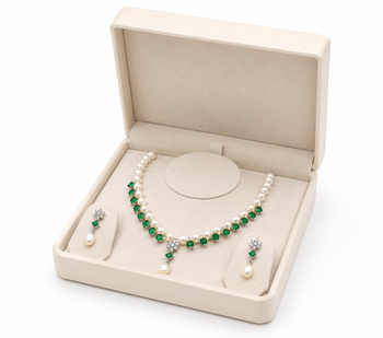 Pearl & emerald green cz necklace & earrings jewellery set drop pendant necklace, cz floral accent, bridal wear. 2