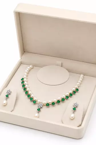 Pearl & emerald green cz necklace & earrings jewellery set drop pendant necklace, cz floral accent, bridal wear.