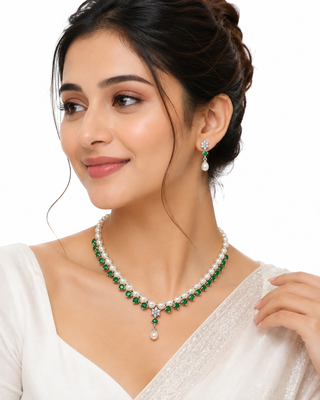 Pearl & emerald green cz necklace & earrings jewellery set drop pendant necklace, cz floral accent, bridal wear. 3