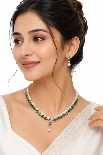 Pearl & emerald green cz necklace & earrings jewellery set drop pendant necklace, cz floral accent, bridal wear.