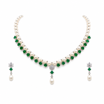 Pearl & emerald green cz necklace & earrings jewellery set drop pendant necklace, cz floral accent, bridal wear. 4