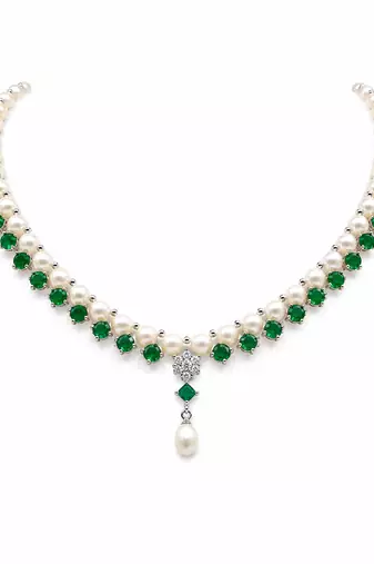 Pearl & emerald green cz necklace & earrings jewellery set drop pendant necklace, cz floral accent, bridal wear.