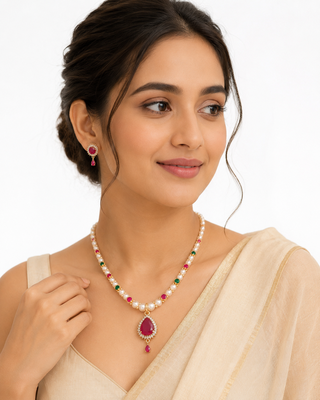 Ruby & emerald stones & earrings gold-tone setting, teardrop pendant, ethnic indian wear, multicolour gemstones. 1