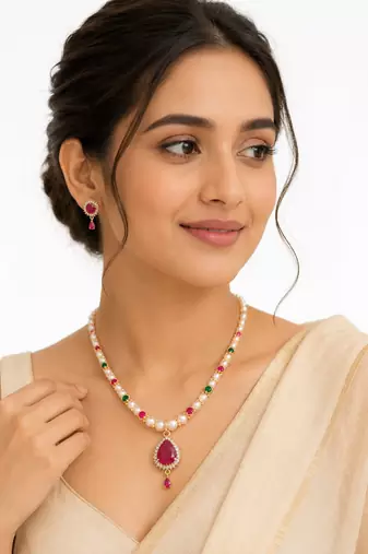 Ruby & emerald stones & earrings gold-tone setting, teardrop pendant, ethnic indian wear, multicolour gemstones.