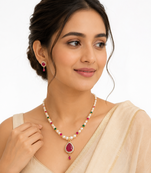 Ruby & emerald stones & earrings gold-tone setting, teardrop pendant, ethnic indian wear, multicolour gemstones.