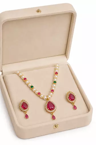 Ruby & emerald stones & earrings gold-tone setting, teardrop pendant, ethnic indian wear, multicolour gemstones.