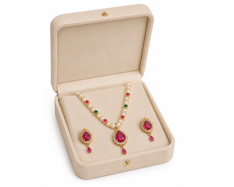 Ruby & emerald stones & earrings gold-tone setting, teardrop pendant, ethnic indian wear, multicolour gemstones.
