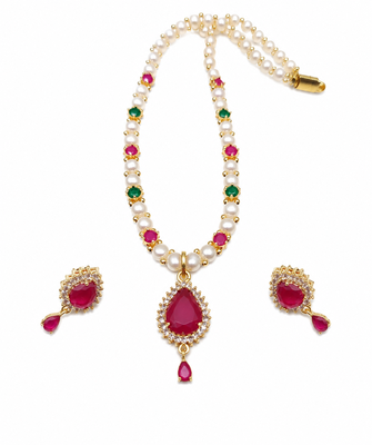 Ruby & emerald stones & earrings gold-tone setting, teardrop pendant, ethnic indian wear, multicolour gemstones. 3