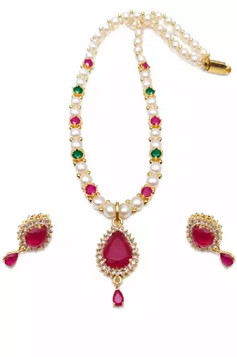 Ruby & emerald stones & earrings gold-tone setting, teardrop pendant, ethnic indian wear, multicolour gemstones.
