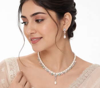 Pearl necklace & earrings set with pastel gemstones drop earrings included, pink & green stones, pearl drop pendant. 1