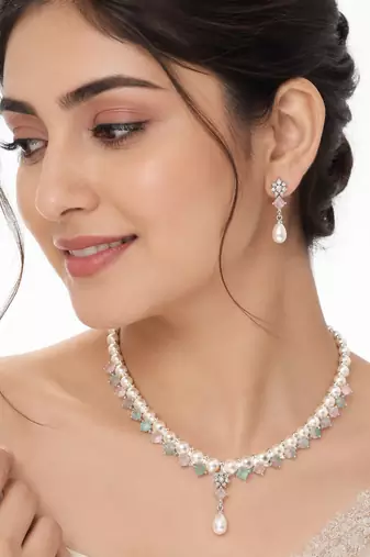 Pearl necklace & earrings set with pastel gemstones drop earrings included, pink & green stones, pearl drop pendant.
